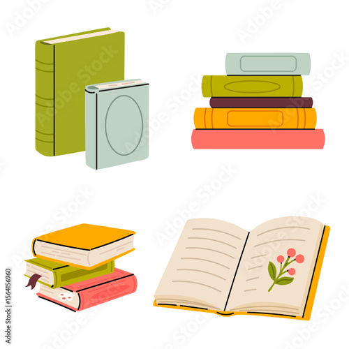 
Assorted books in different colors and positions with mugs and decorative elements
