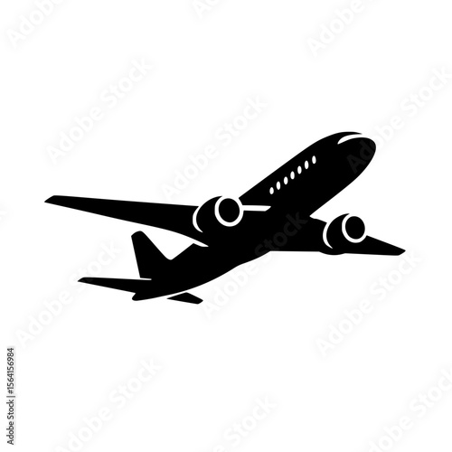 Black passenger airplane silhouette flying isolated on white
