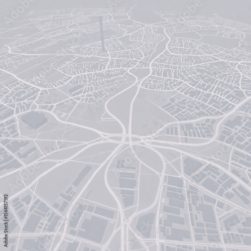 Aerial view of a city map with intricate road networks and building structures in a muted color palette