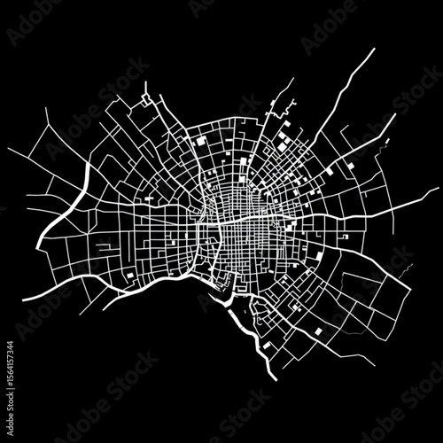 Minimalist white line art map of a city with a river on a black background showing street layout