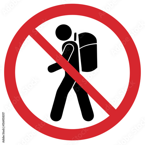 No large backpacks allowed sign, prohibitive tone, person with a backpack on a red background