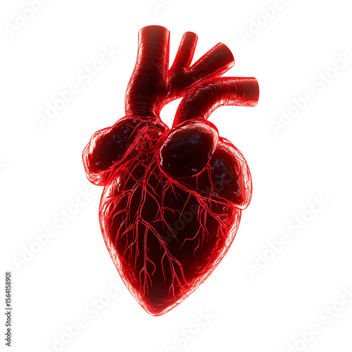 Anatomical 3d render of a human heart displaying arteries and veins with a glowing red illumination