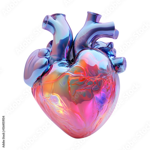 Iridescent heart anatomical illustration with vibrant colors and glossy finish depicting a human organ concept