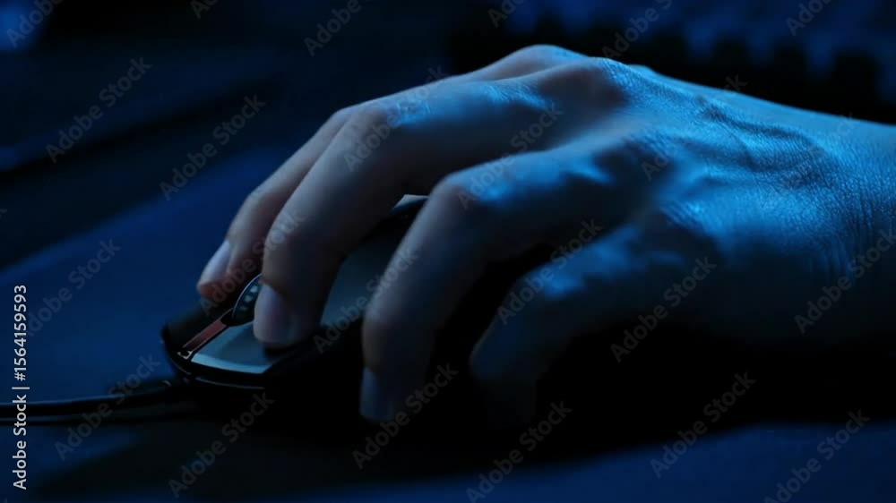 Mano Usando Mouse en Ambiente Oscuro con Iluminación Azul