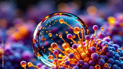 Colorful water bubble on vibrant abstract background with particles  