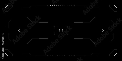 Futuristic HUD game interface with cyberpunk tech overlay and hologram elements. Tactical screen with target reticle, glitch effects, and sci fi digital layout. Vector dashboard for VR or drone view.