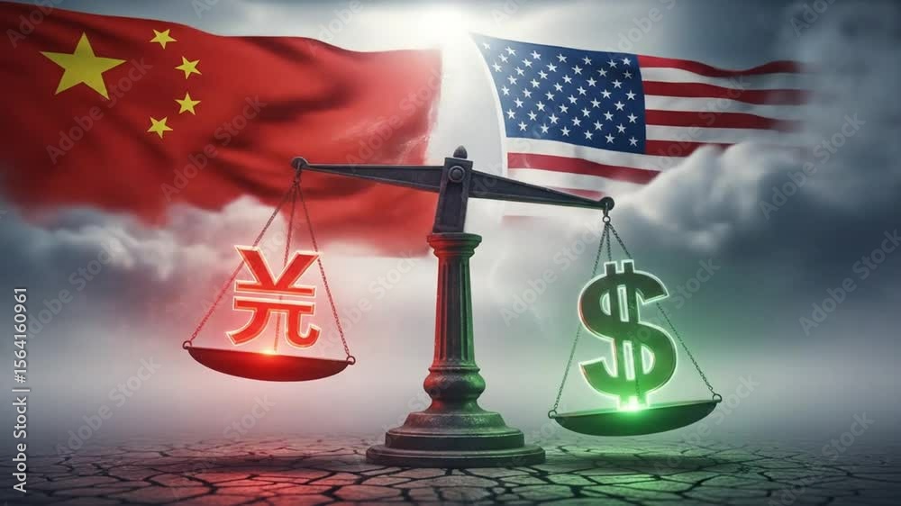 Visual representation of economic balance between china and usa monetary power in symbolic scales