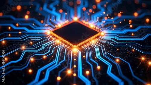 Close up of a computer chip with blue lines and orange lights on a black background design art