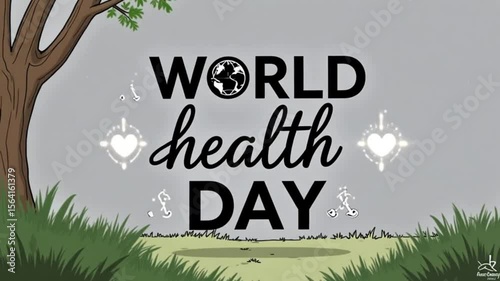 Cartoon illustration of a boy and girl holding hands near a tree with green grass below them