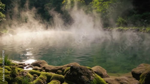 Hot spring steam rising in lush, tranquil landscape