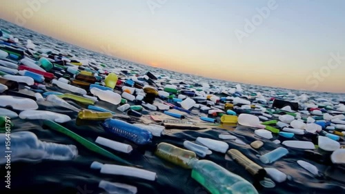 Ocean covered with plastic waste at sunset.
