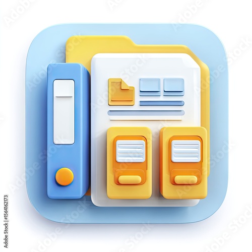 A light blue square icon depicts a yellow folder containing a document, a blue binder, and two orange data files, all in a 3D style