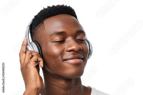 Young black man wearing headphones with eyes closed, peacefully enjoying music, immersed in a personal moment of calm and joyful escape on transparent background
