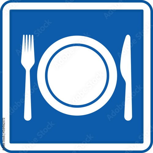 Blue Cafeteria Sign. Vector Illustration. Catering Point in Hospital Building. Plate, Fork, and Knife. Road Sign or Sticker