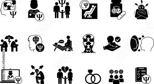 Black Psychology Icon Set. Vector Illustrations Family Psychology, Psychologist, Divorce, Child Psychology, Marriage, Antidepressants, Adoption, Complexes, Fears, Conflicts, Ego, and Others
