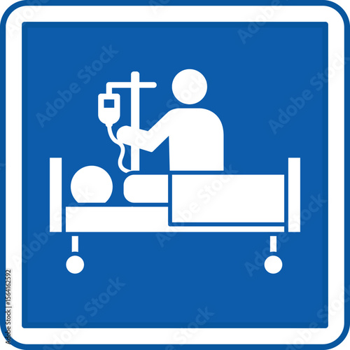 Blue Intensive Care Sign. Vector Illustration. Medical Worker Putting a Drip on a Patient, Treating a Sick Person. Signboard in the Department of the Hospital
