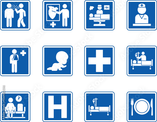 Blue Hospital Signs. Vector Icons Infectious Disease, Medical Services, Nurses Station, Waiting Area, Child Care, Outpatient Department, Surgery, Inpatient, Cafeteria, and More