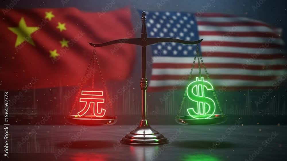 Animated scales comparing the financial strength of the dollar and yuan under national flags