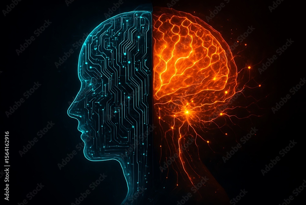 Obraz premium Human Brain vs. AI Exploring the Convergence of Biology and Technology