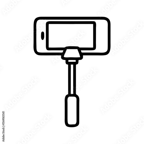 Selfie stick with smartphone attached in minimalistic outline style, icon, vector  