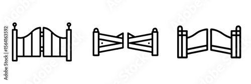 Set of three decorative wooden gates in minimalist line art style, icons set, vector  