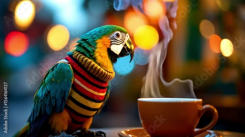 Colorful parrot wearing striped sweater sitting near steaming cup of coffee in cozy outdoor setting with evening lights. Urban animal lifestyle. Concept exotic pet, coffee culture, street café.
