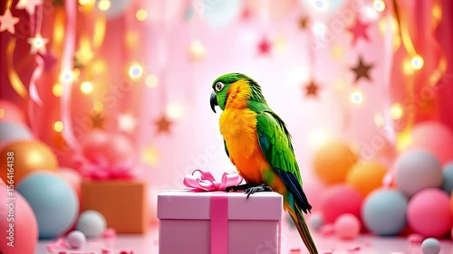 Colorful parrot sitting on a pink gift box in the middle of a festive party scene with balloons and ribbons. Vibrant birthday atmosphere. Concept celebration, tropical bird, party decor.