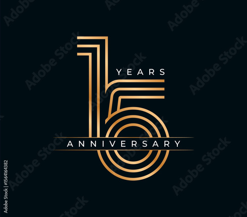15 Years Anniversary design vector illustration. Unique 15 years logo design template. In gold color