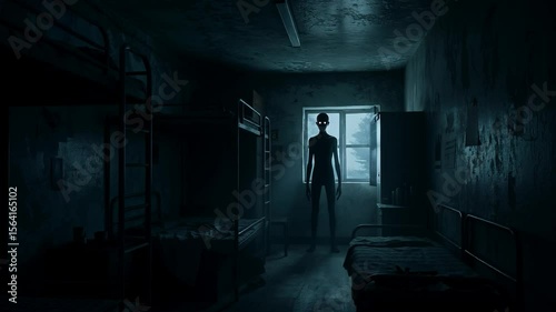 A Shadowy Figure Lurks in a Dimly Lit, Forsaken Room Filled With Old Bunk Beds, Illuminated by an Eerie Light Filtering Through the Window