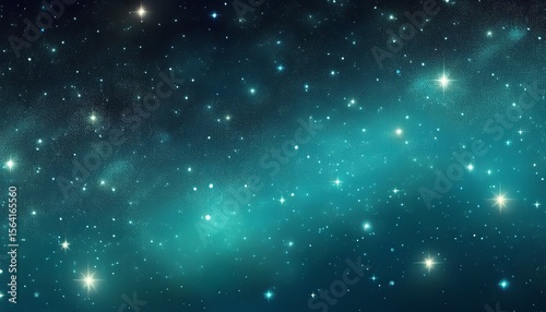 a dark teal cosmic background filled with numerous small white stars and a few larger glowing stars