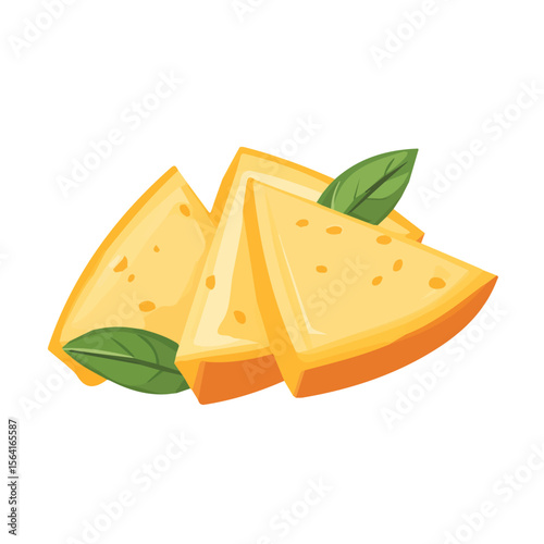 My A Simple flat 2D illustration cheese slices with basil leaf isolated on transparent background, vector, flat design, animation design, simple flat 2D icon, clipart, flat 2D vector, design by me