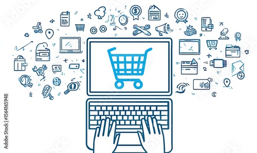 Laptop displaying shopping cart icon, surrounded by various e-commerce related symbols and icons, representing online shopping and digital commerce