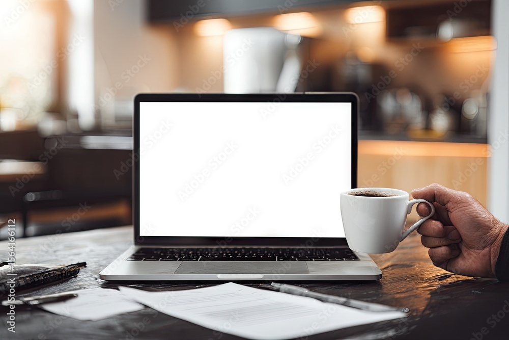 Fototapeta premium Laptop with blank screen sits on dark wood desk alongside coffee cup held in hand, blurred kitchen background