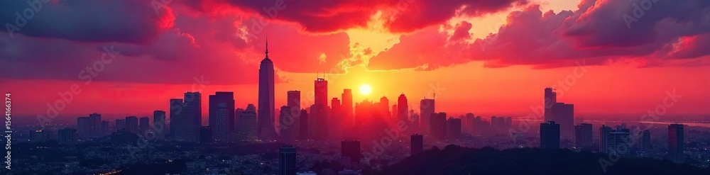 Fototapeta premium Vibrant Sunset Colors Paint City Skyline Silhouette at Golden Hour, Perfect for Travel and Cityscape Photography