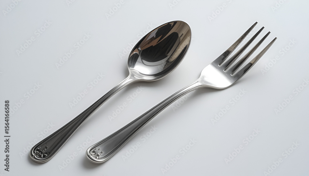 Elegant silverware presents a spoon and fork on a clean white surface, ideal for menu design, culinary projects, or tableware mockups. Elegant silverware presents a spoon and fork on a clean white surface, ideal for menu design, culinary projects, or tableware mockups.