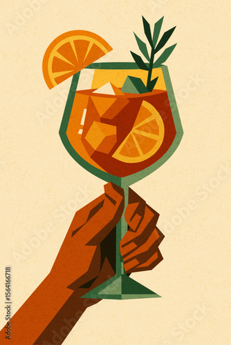 Aperol spritz with orange slice and herbs in wineglass