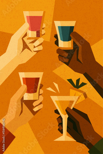 Four hands toasting with colorful shots and tropical cocktail