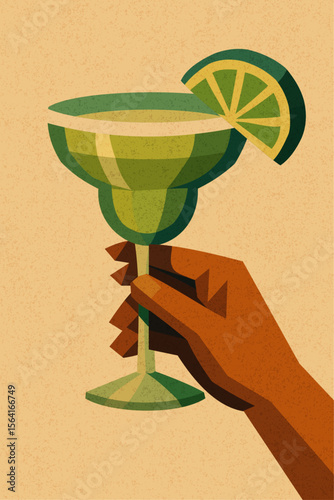 Margarita cocktail with lime wedge in green glass