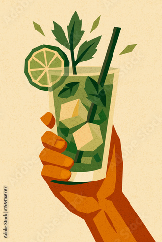 Mojito cocktail with mint leaves, lime and ice cubes in hand