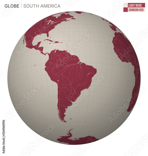 Vector Globe centered to South America. Light Beige Crimson Red palette. World map with meridians, parallels, countries, rivers and lakes. Charming vector illustration.