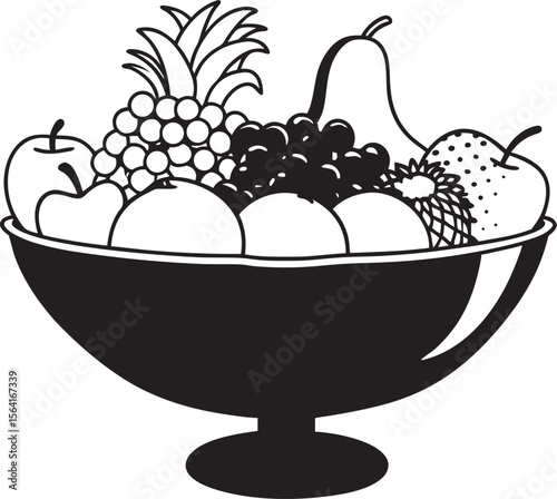Black and white illustration: Abundant fruit bowl; apples, pears, pineapple, grapes; simple line art; healthy, fresh, vibrant mood.