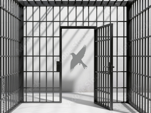Empty prison cell with open door casting a shadow of a bird on the wall, symbolizing freedom and hope within a confined space, highlighting contrast and emotion