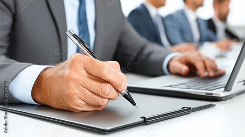 Business professional taking notes during a meeting with colleagues in a modern office setting