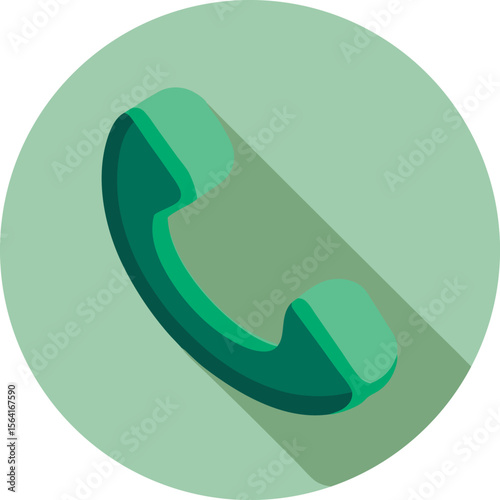 Green telephone handset icon with shadow isolated on white background
