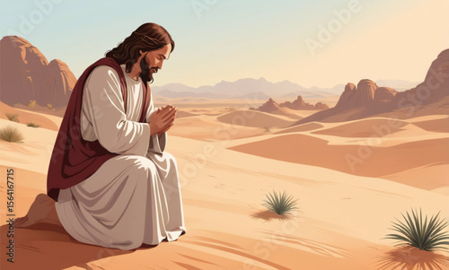 Jesus Christ praying in desert.