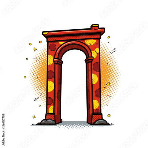 Vibrant pop art archway featuring bold colors and dynamic shapes, isolated on white, concept of creativity and visual appeal, art galleries, graphic design.
