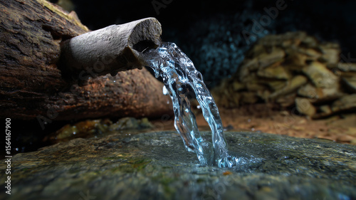 Wallpaper Mural Clear spring water flowing from a hollow log in nature Torontodigital.ca