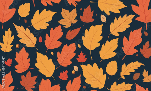 Colorful autumn leaves in various shapes and sizes scattered on a dark background, creating a vibrant seasonal pattern for decorative or design purposes