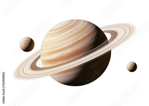 Realistic illustration of the planet saturn with rings and two moons set against transparent background
