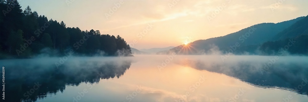 Fototapeta premium Serene Dawn Lake Mist Rising Over Tranquil Water, Reflecting Soft Light, Peaceful Nature Scene, Ideal for Travel and Serenity Themes